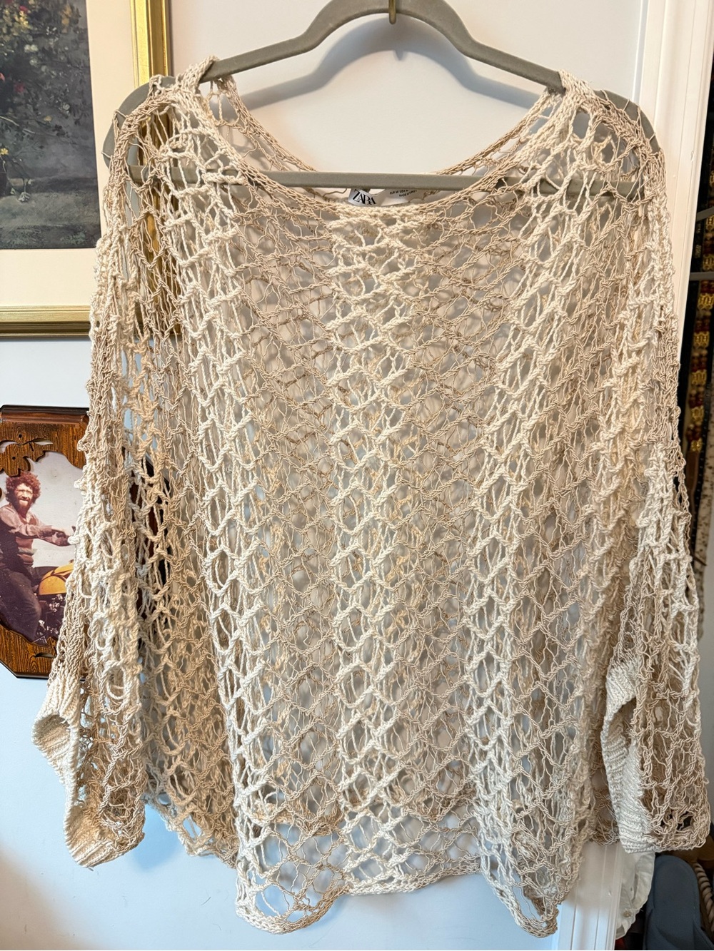 Zara Beige Open-Weave Crochet Poncho Sweater